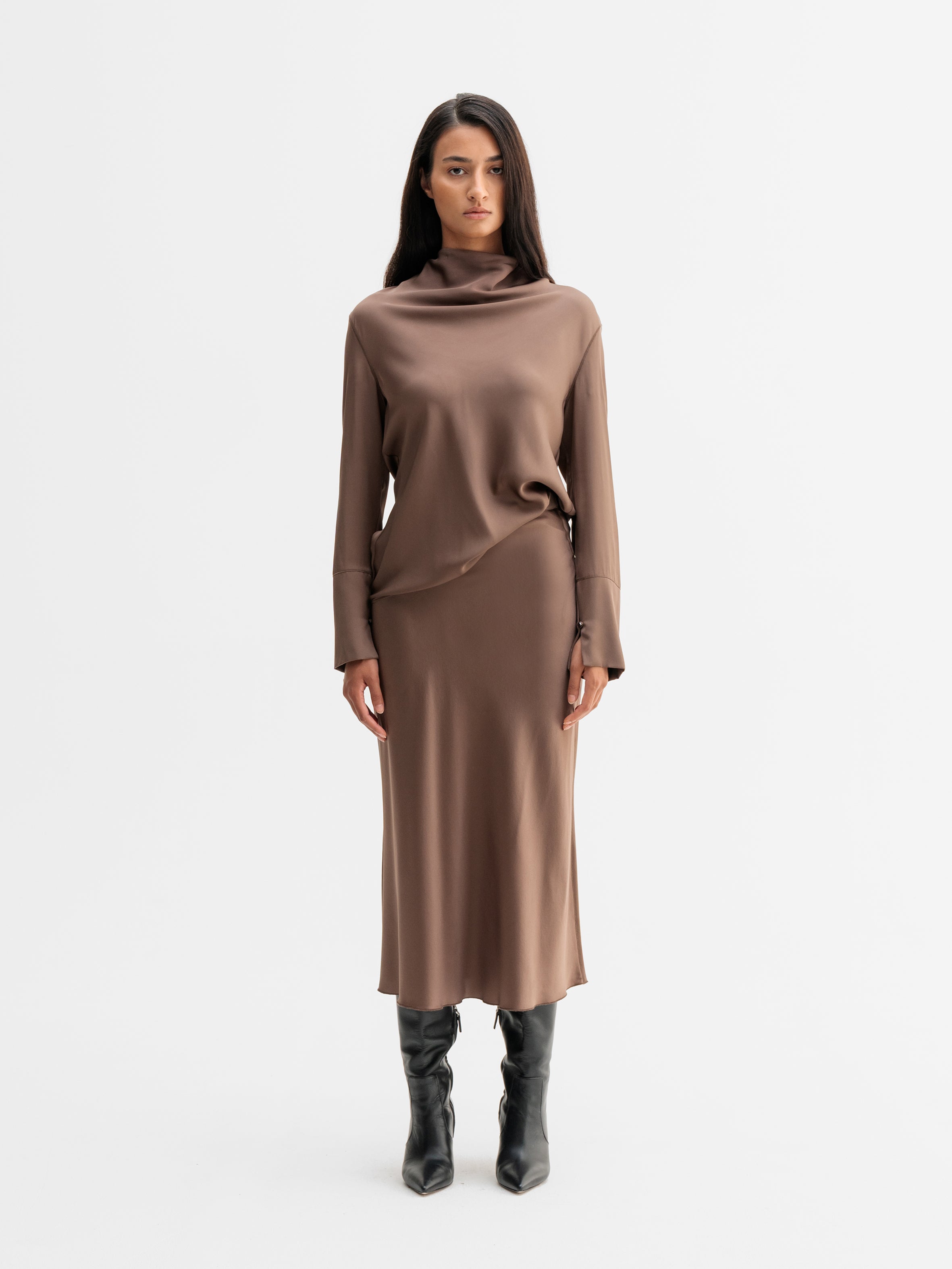 Hana Satin Silk Skirt Light Brown