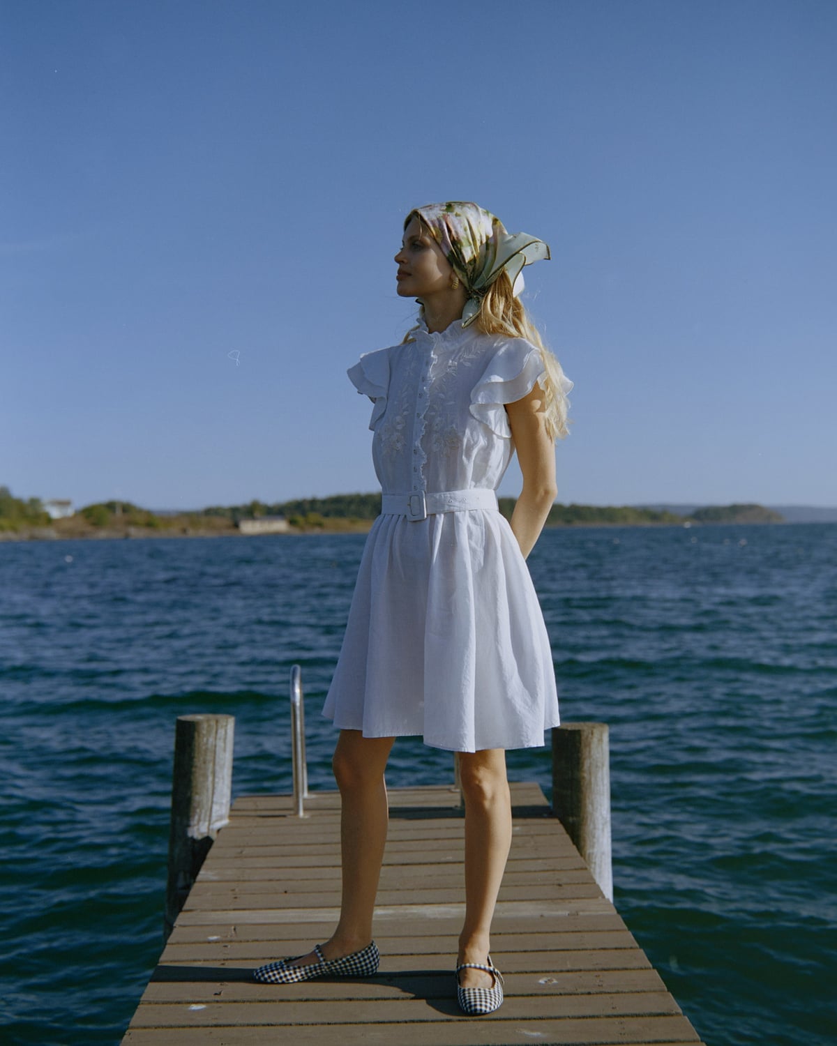 Linen Embroidered Ruffle Dress White