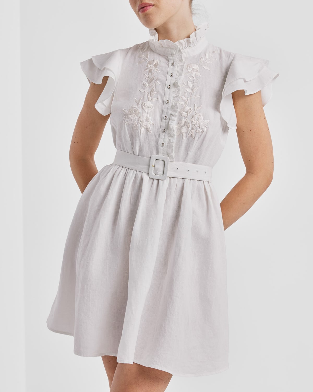 Linen Embroidered Ruffle Dress White
