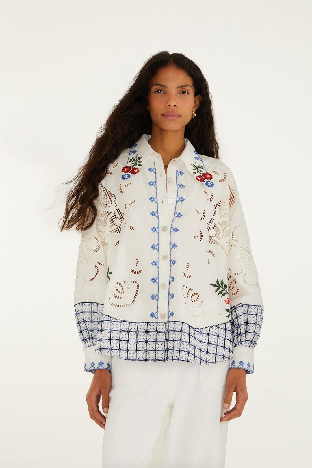 Flowers Embroidery Richelieu Shirt Off-White