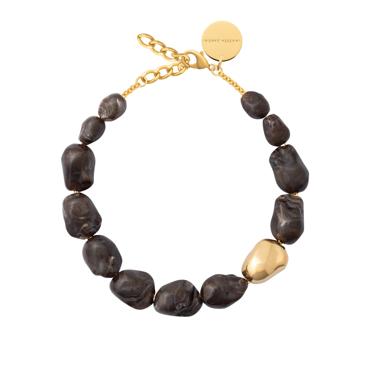 Big Organic Pearl Necklace Gold Dark Brown Marble