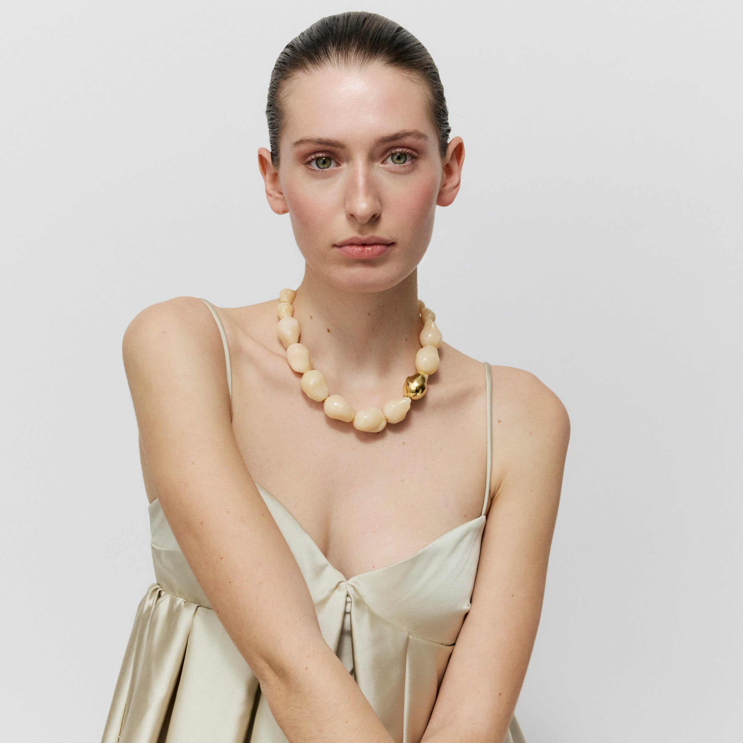 Big Organic Pearl Necklace Gold Latte Marble