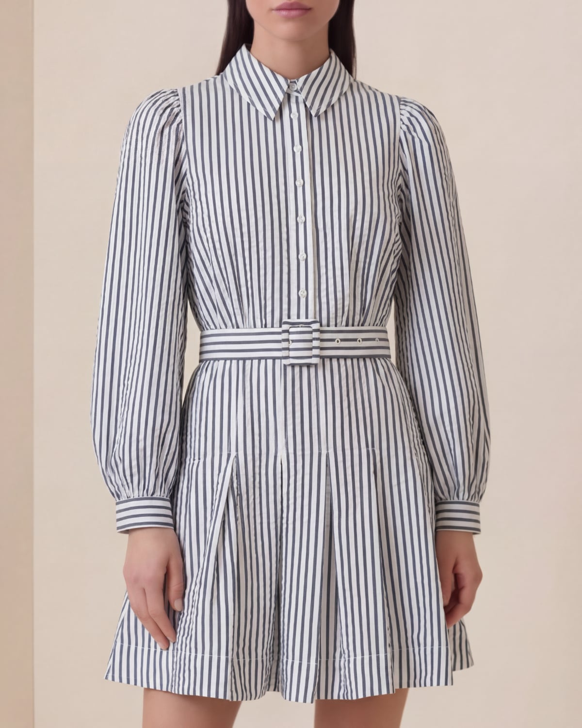 Seersucker Pleated Dress Marine Stripe