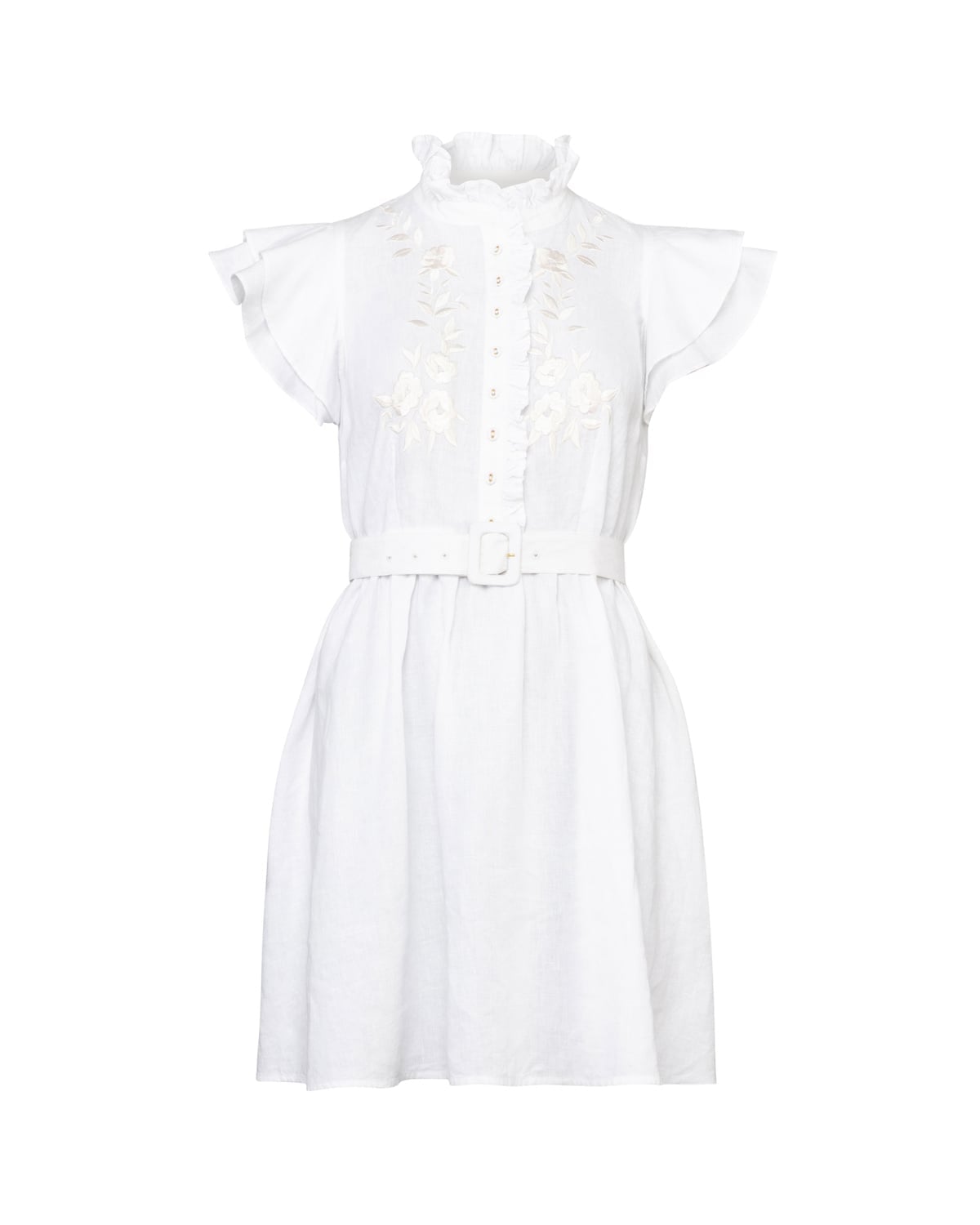 Linen Embroidered Ruffle Dress White