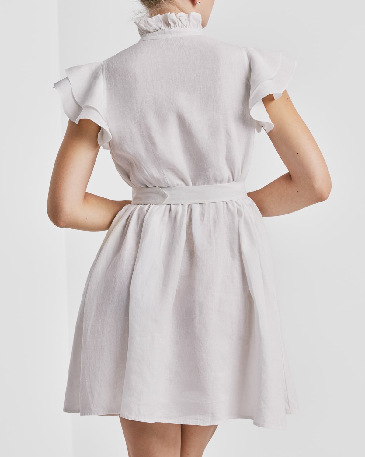 Linen Embroidered Ruffle Dress White