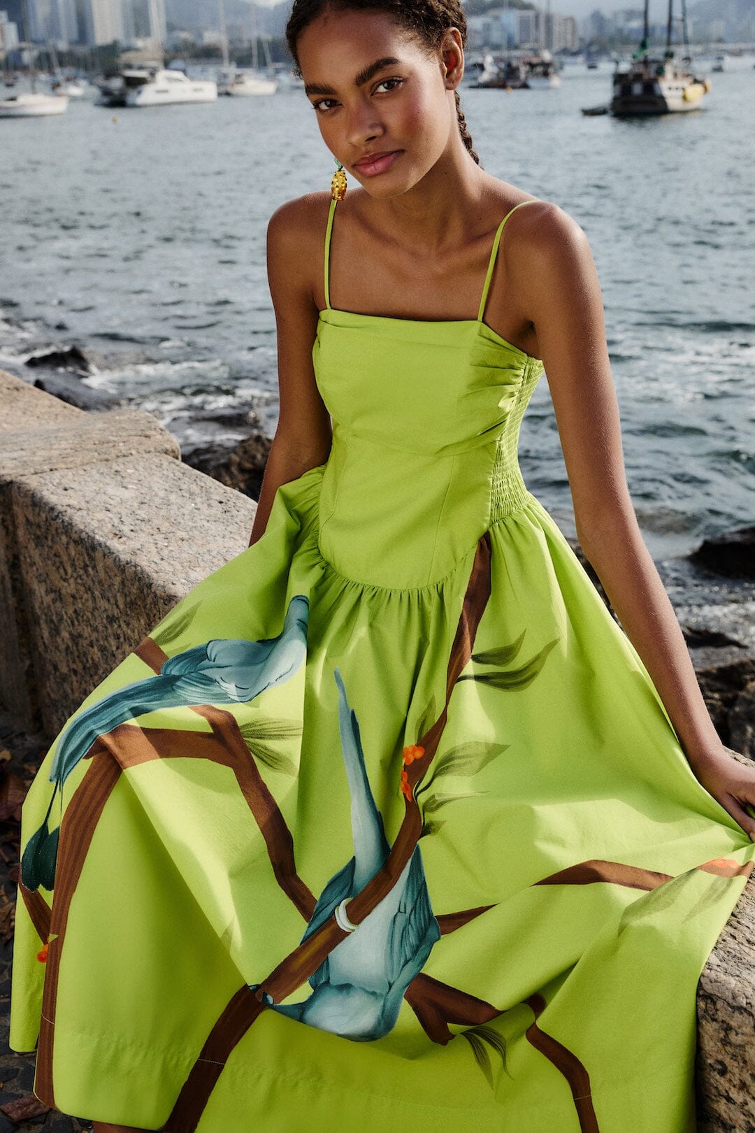 Birds Smocked Maxi Dress Green