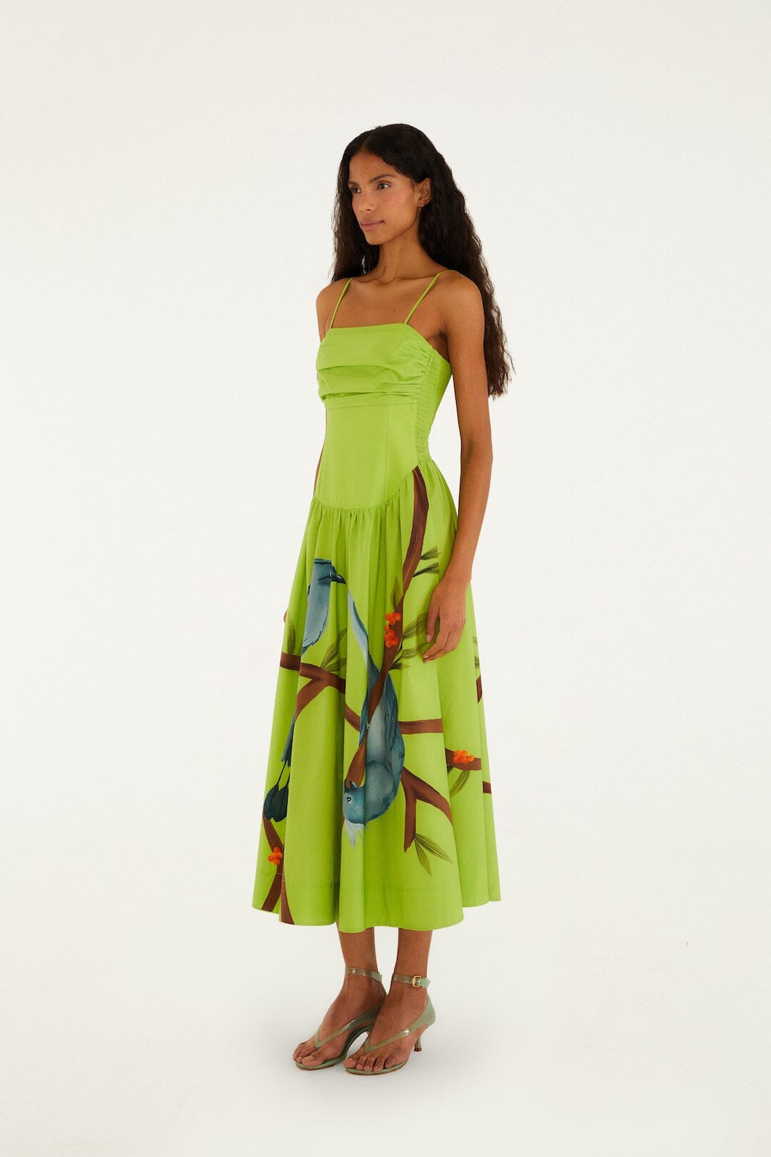 Birds Smocked Maxi Dress Green