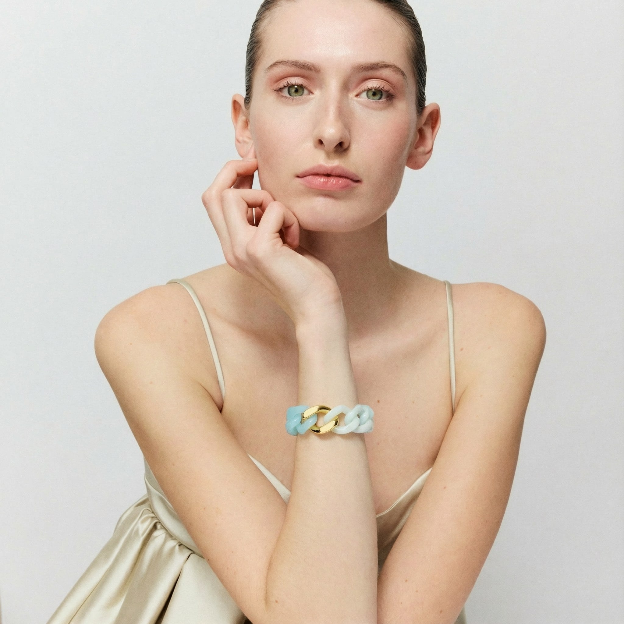 Flat Chain Bracelet Gold Cloud Marble Opaline Blue