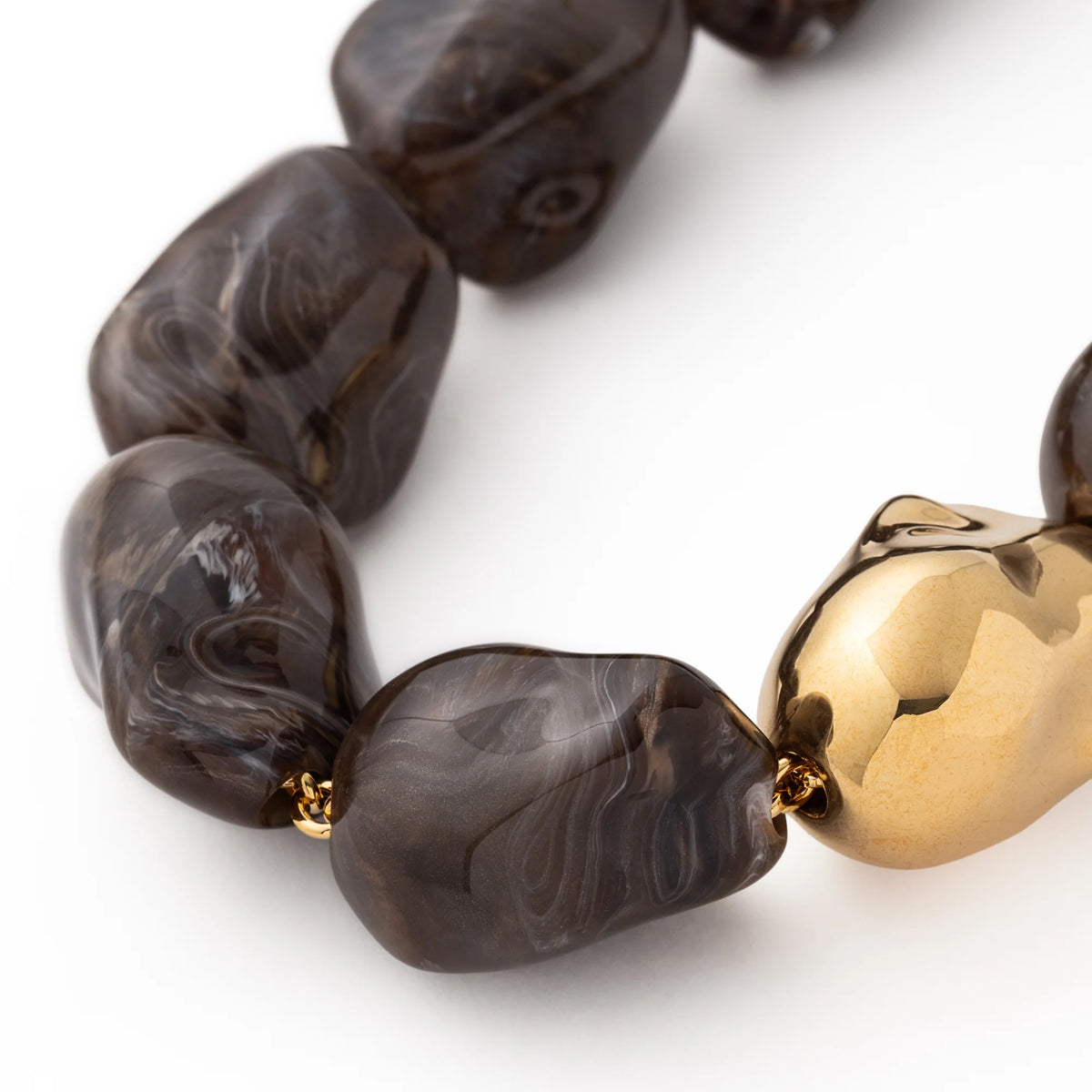 Big Organic Pearl Necklace Gold Dark Brown Marble