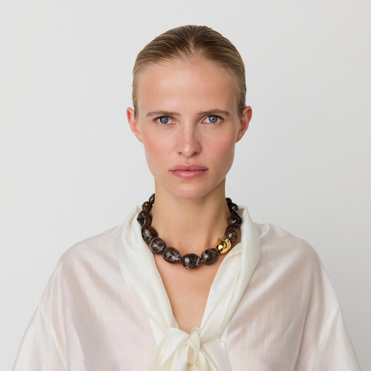 Big Organic Pearl Necklace Gold Dark Brown Marble