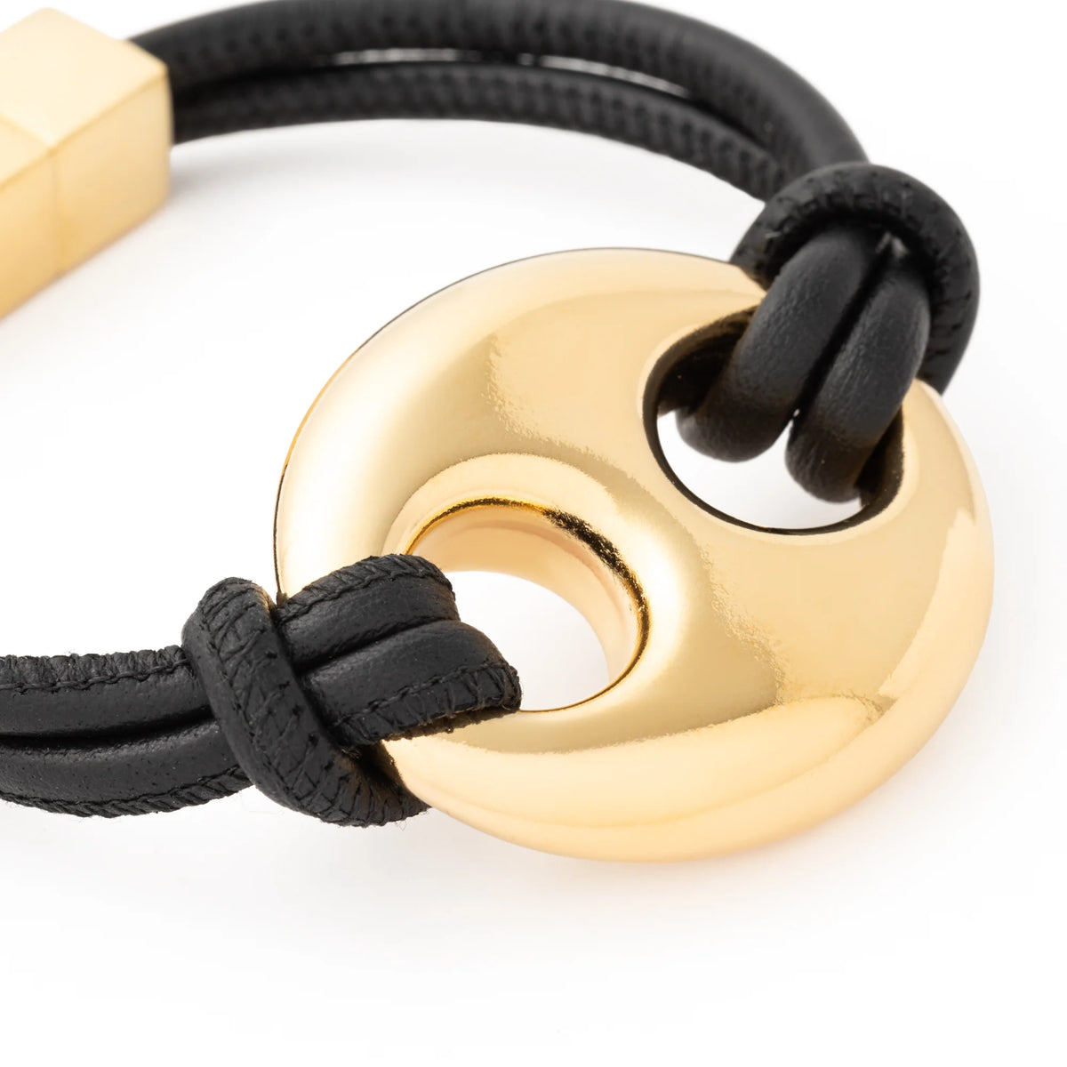 Disc Leather Bracelet Black Gold